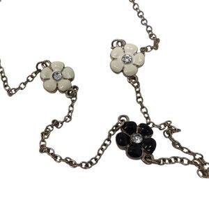Double Strand Long Necklace Gold Tone Black White Enamel Crystal Flower Stations